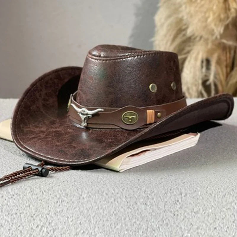 Embroidered Faux Leather Cowboy Hat