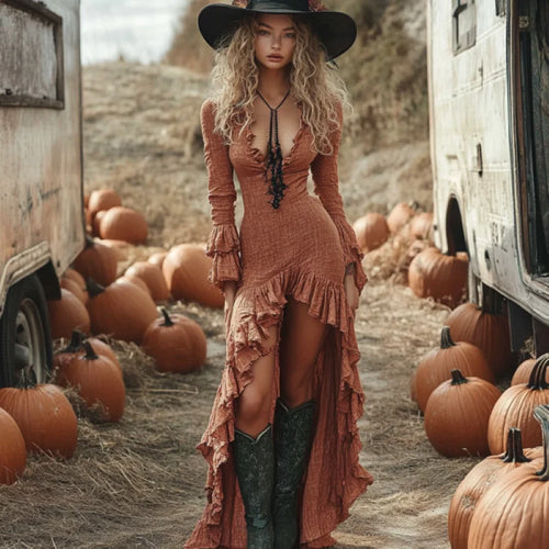 Ruffled High-Low Midi Dress