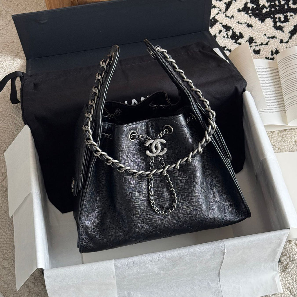Quilted Bucket Bag — Black & Pastels