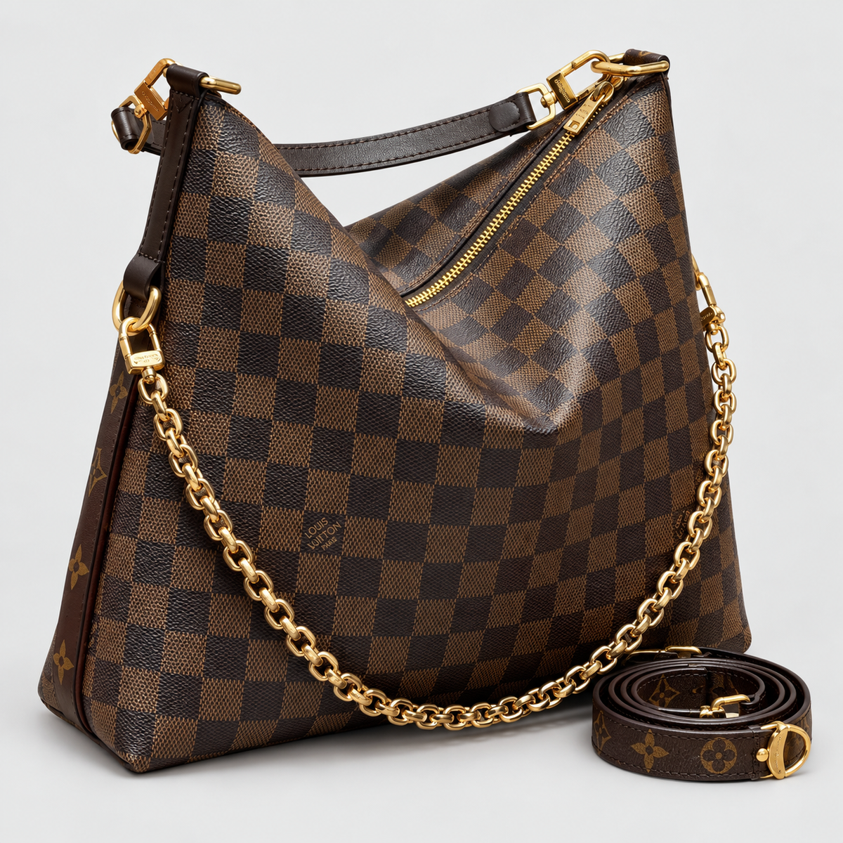 Brown Checker chain-trim hobo shoulder bag, front view