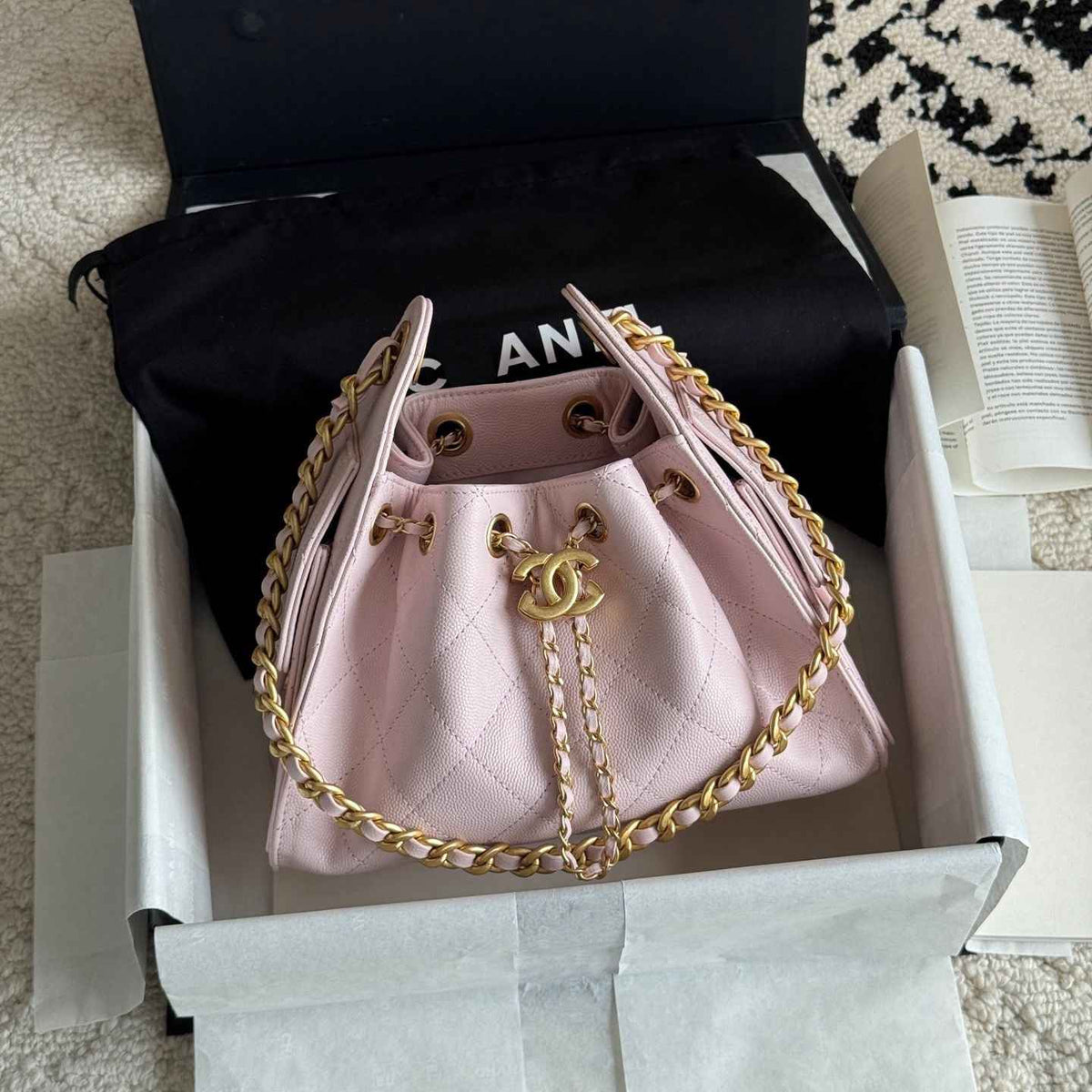 Quilted Bucket Bag — Black & Pastels