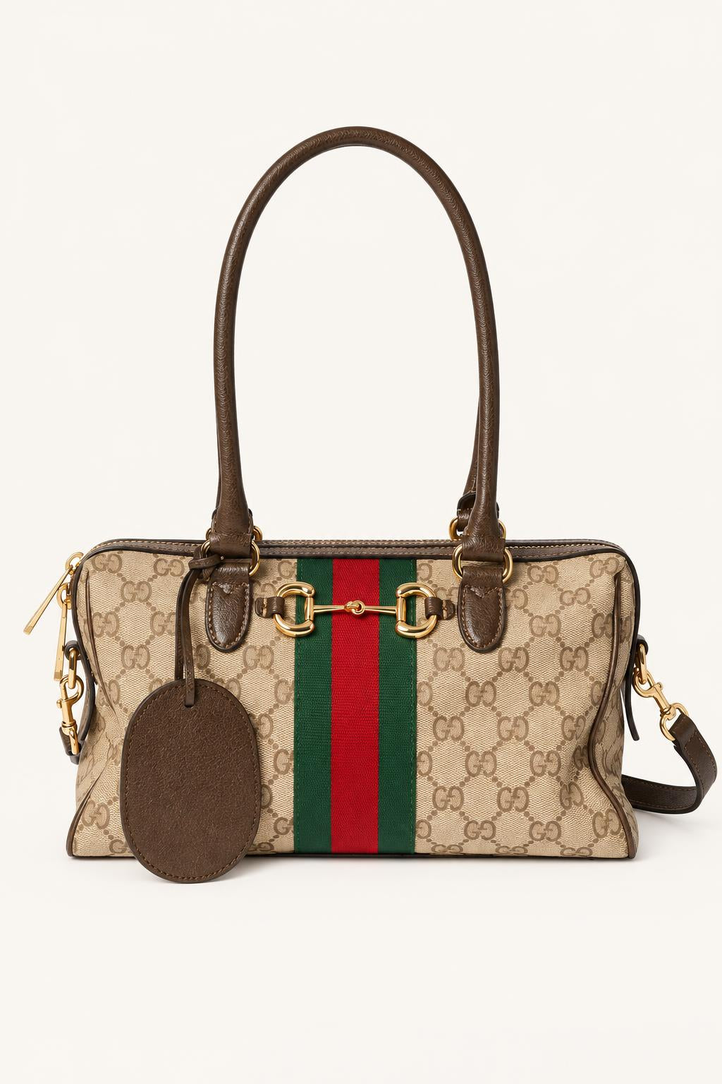 Structured Stripe Tote & Satchel Bag — Beige — Style 4 Small