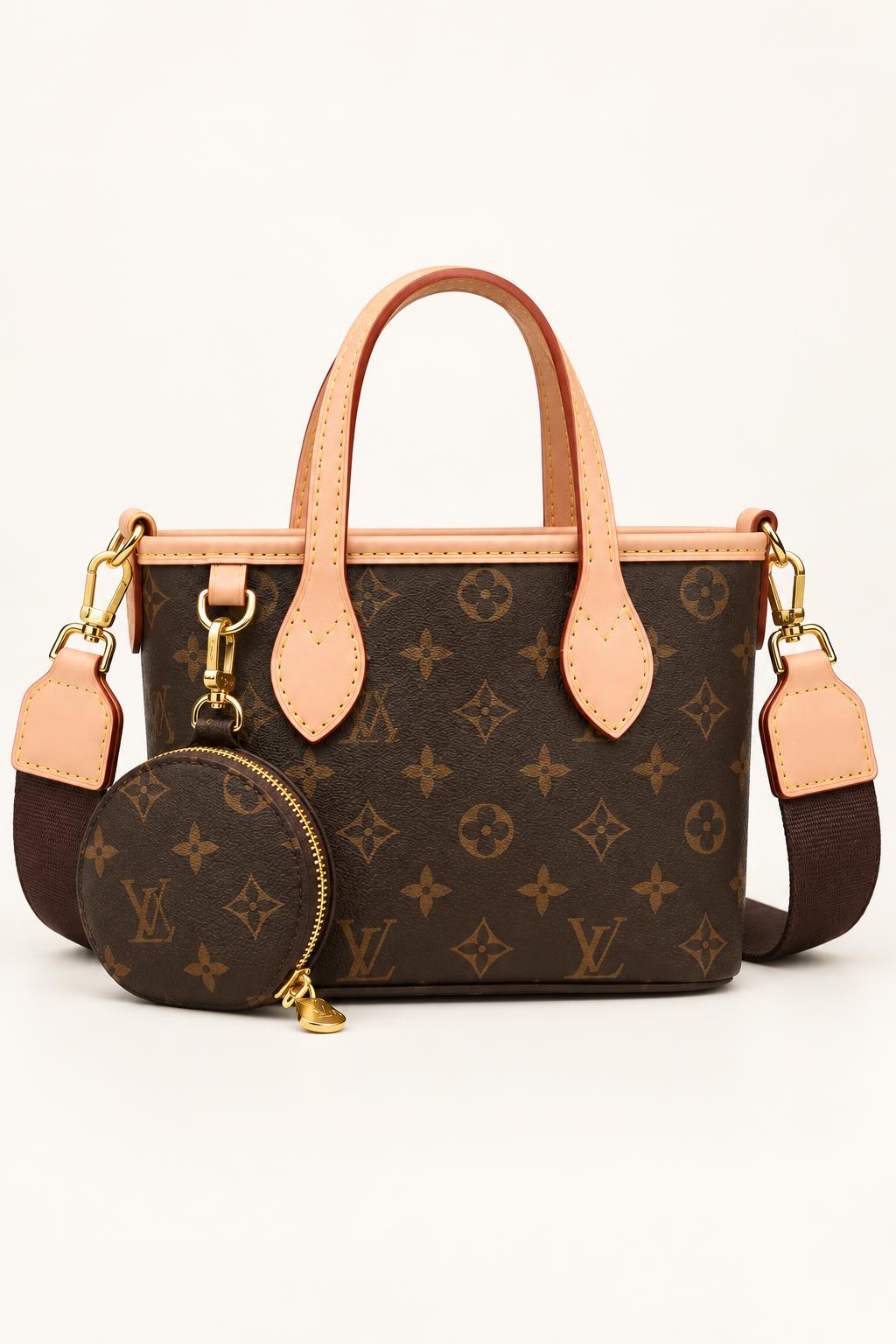 Monogram Print Top-Handle Tote with Coin Pouch — Brown/Peach
