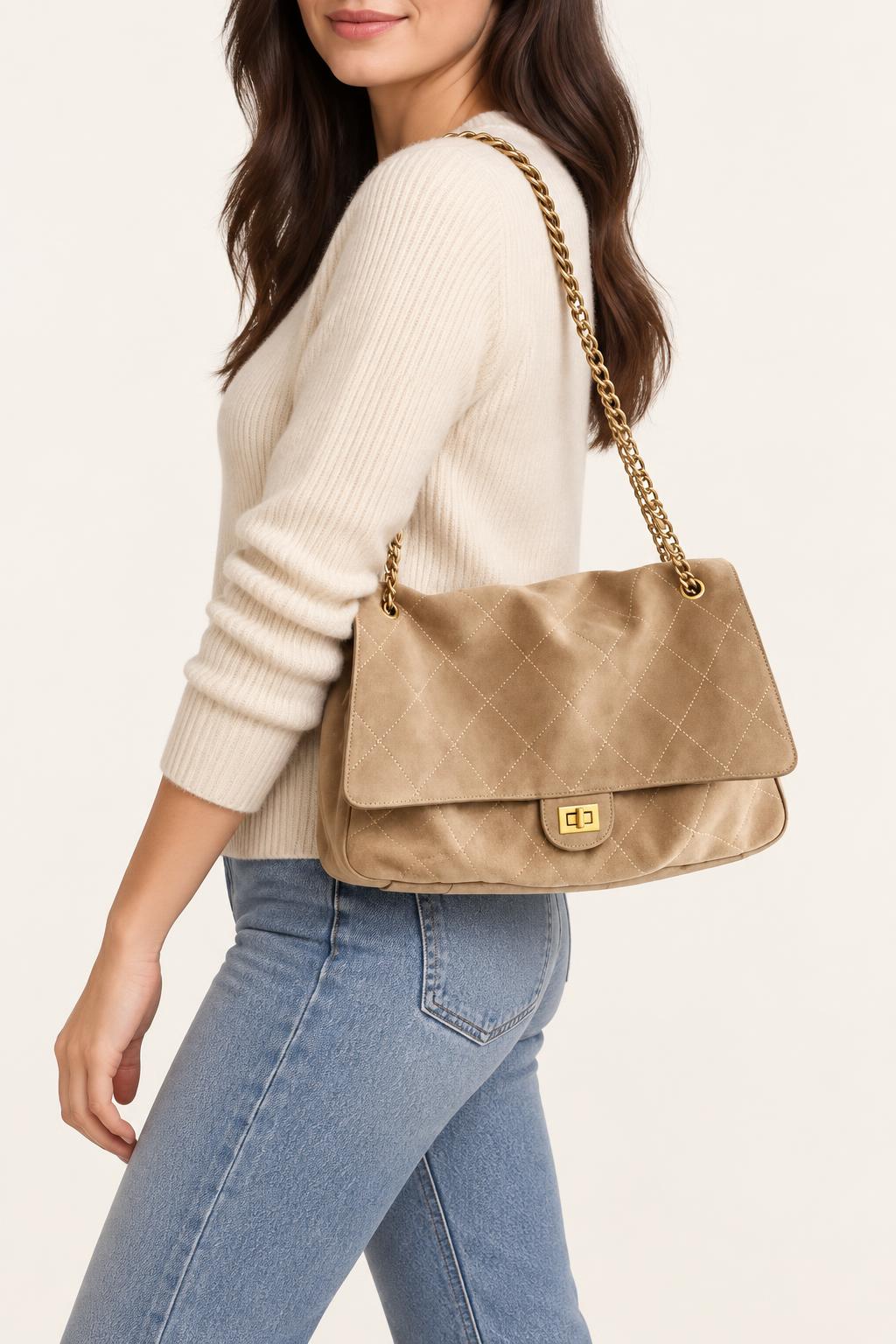 Khaki Quilted Chain Strap Shoulder Bag — carrying view