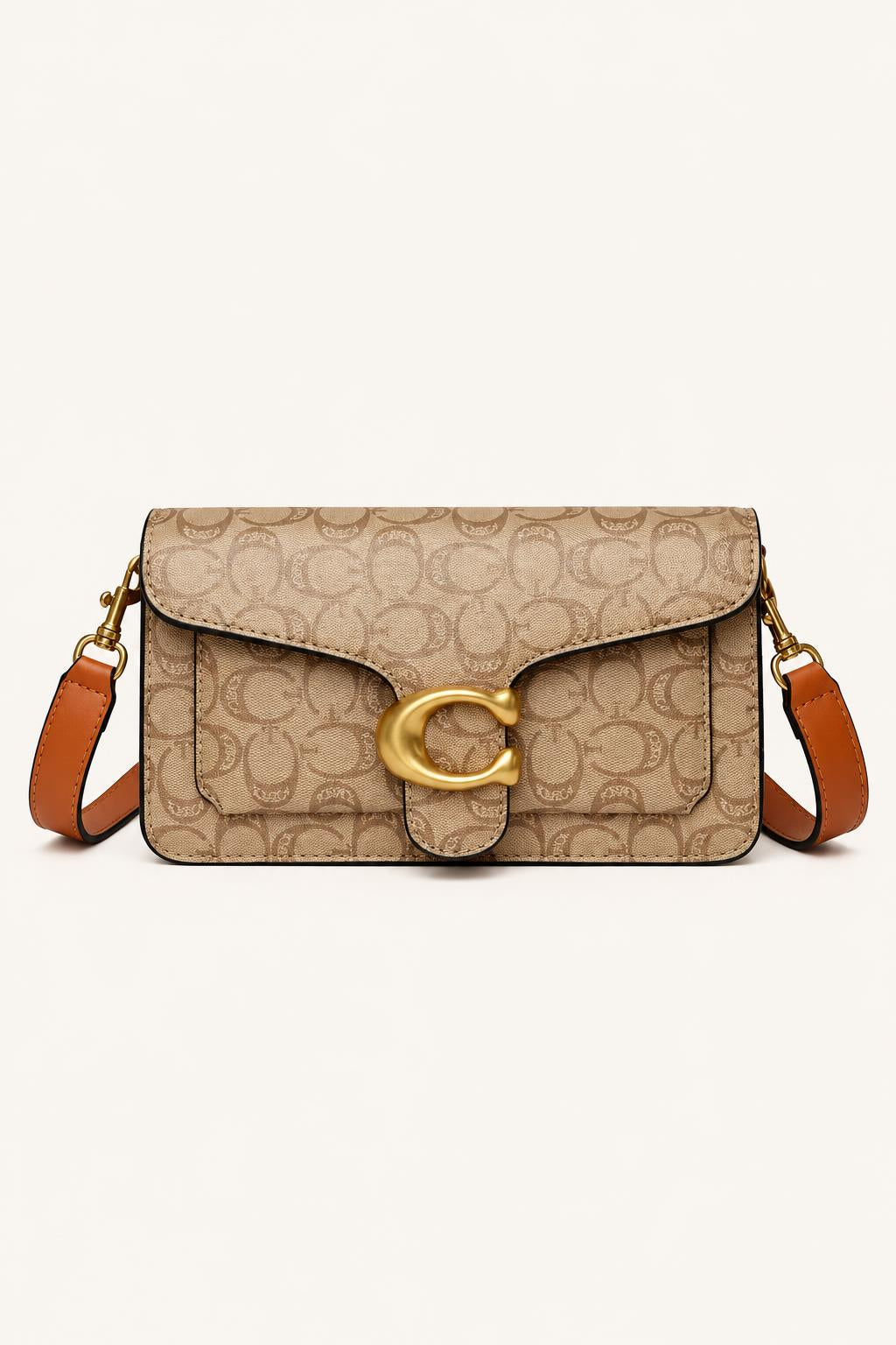 Printed Flap Crossbody Bag with Gold-Tone Clasp — Brown Graphic Print