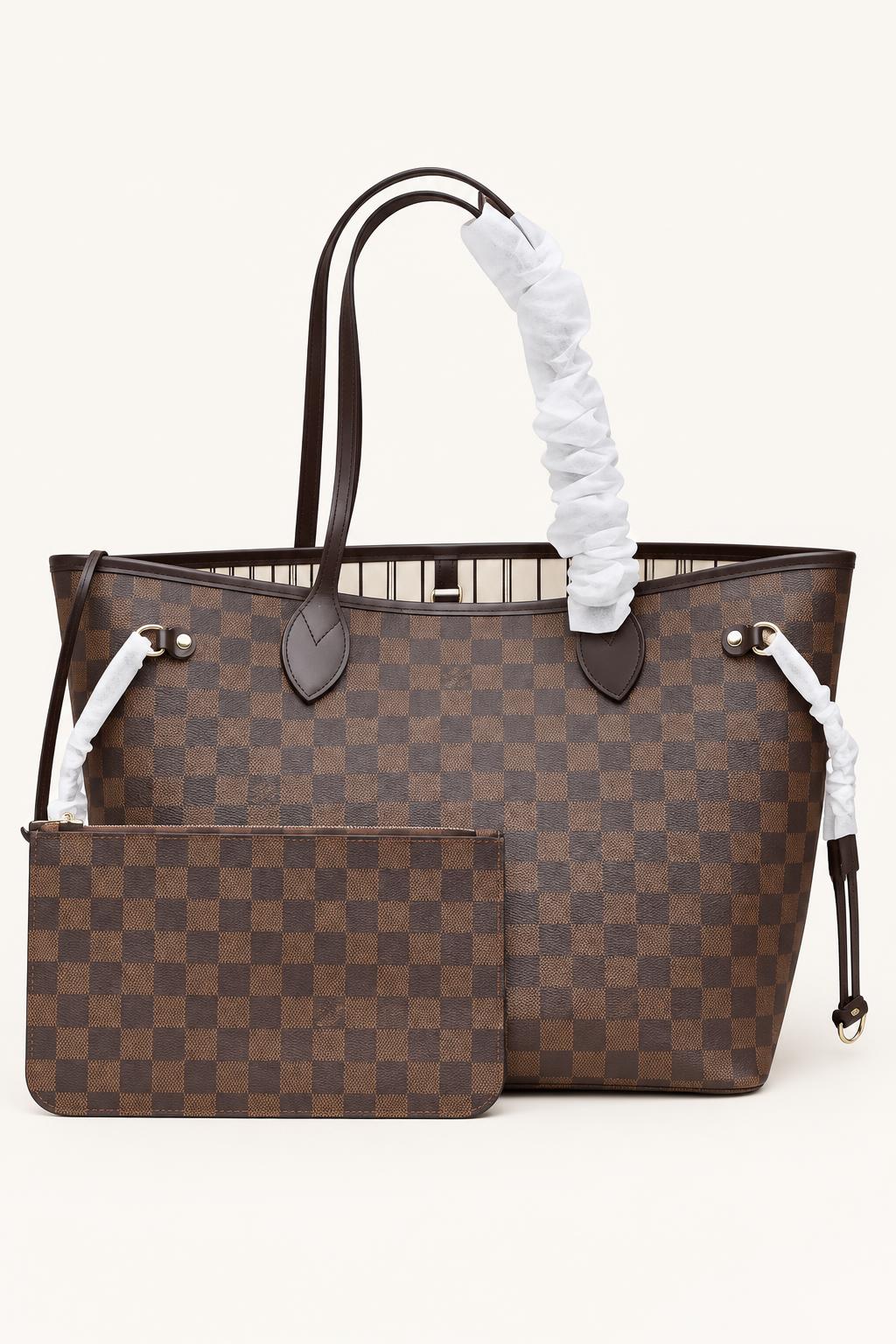 Open Tote Bags — Brown Check with Beige Interior