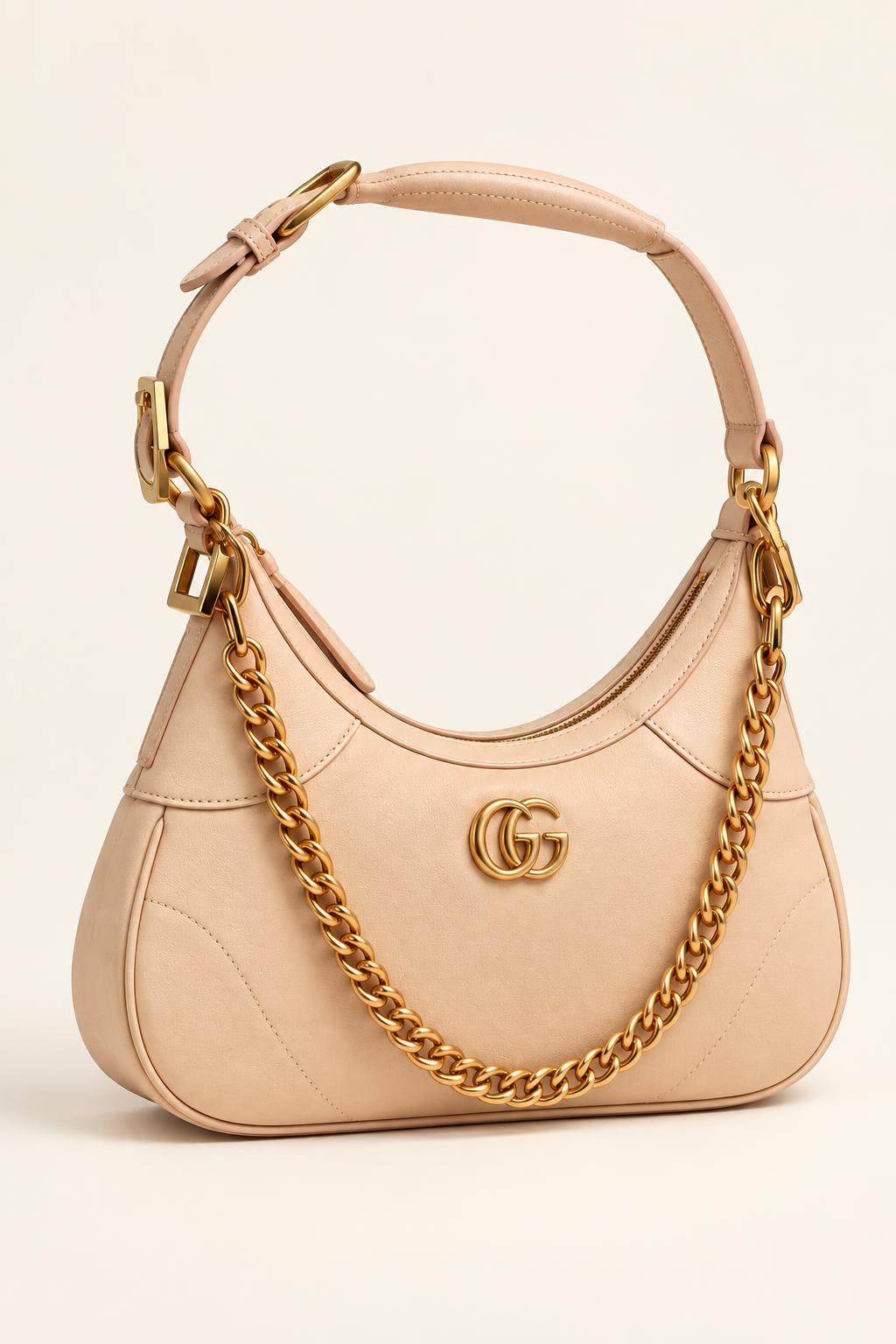 Crescent Leather Shoulder Bag with Gold-Tone Chain — Apricot
