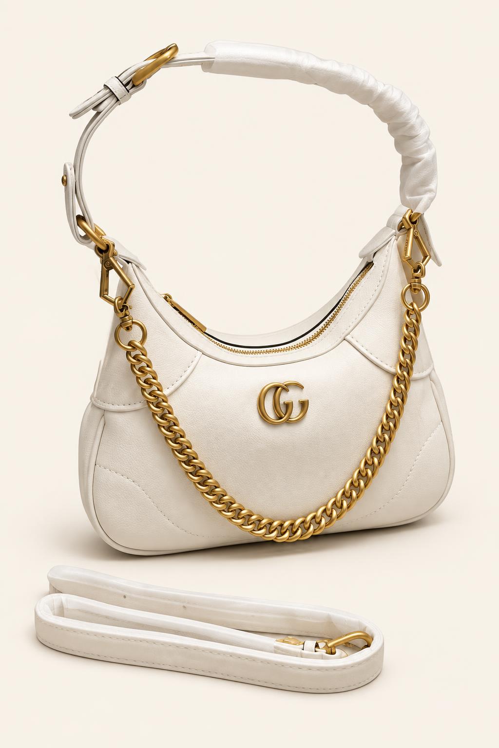 Crescent Leather Shoulder Bag with Gold-Tone Chain — White