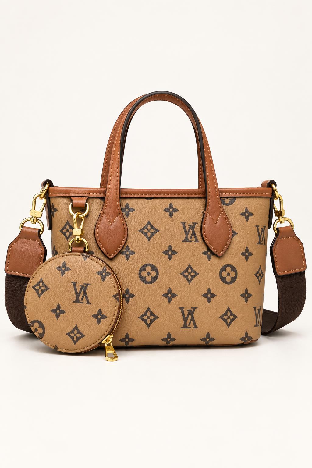 Monogram Print Top-Handle Tote with Coin Pouch — Tan/Brown