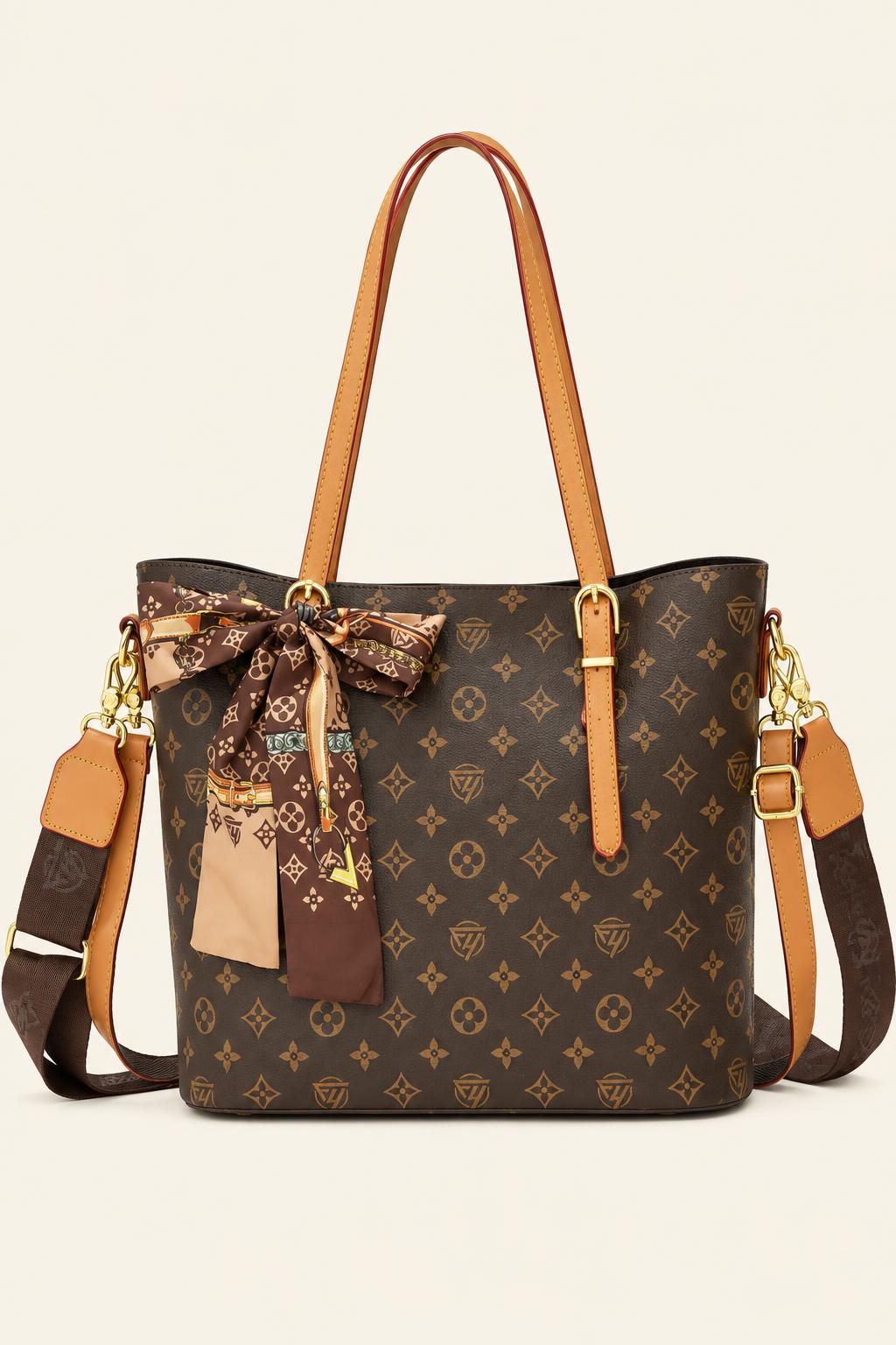 Unisex Structured Scarf-Bow Tote — Brown flower apricot