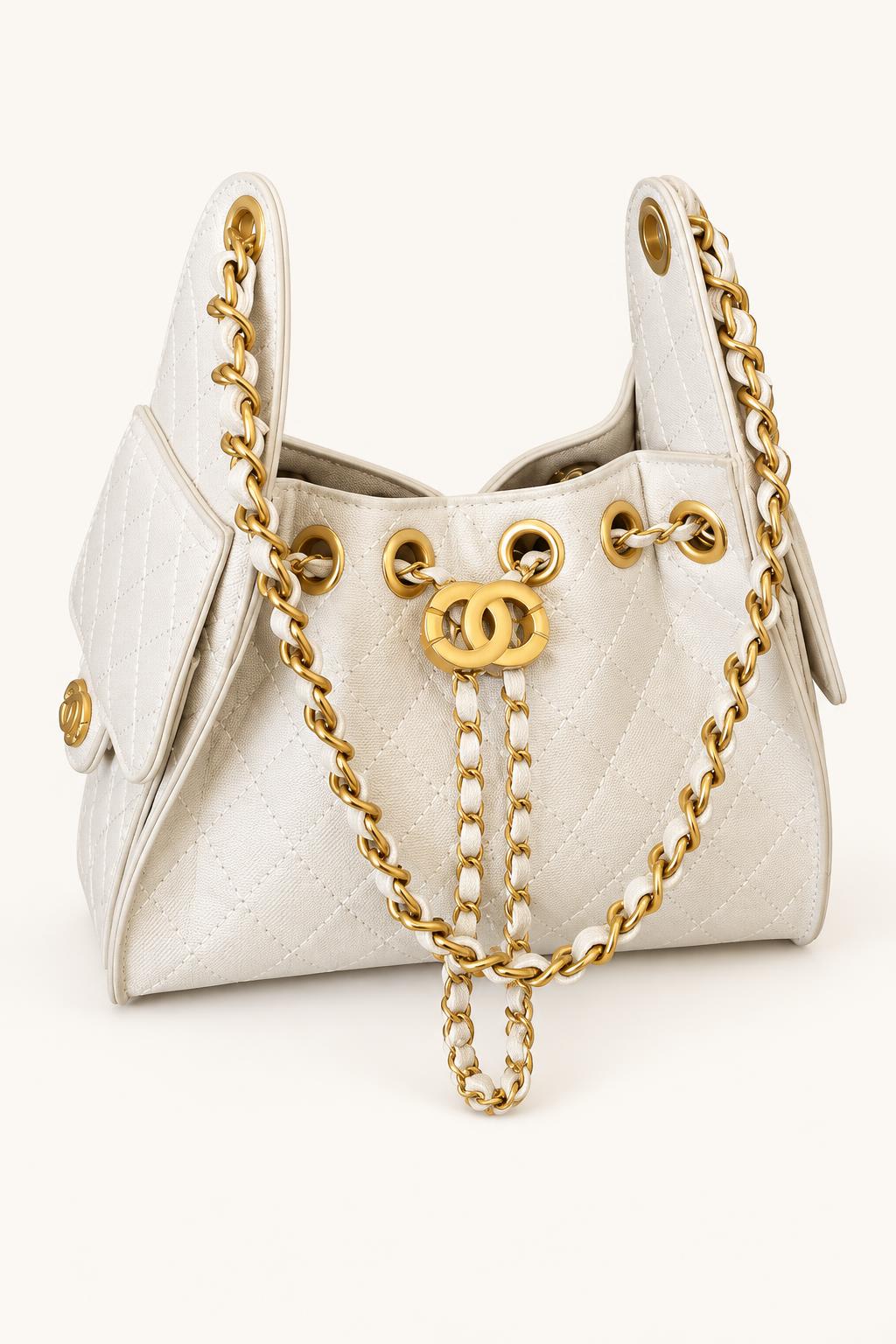 Quilted Chain-Handle Shoulder Bag — Light Gray - Large