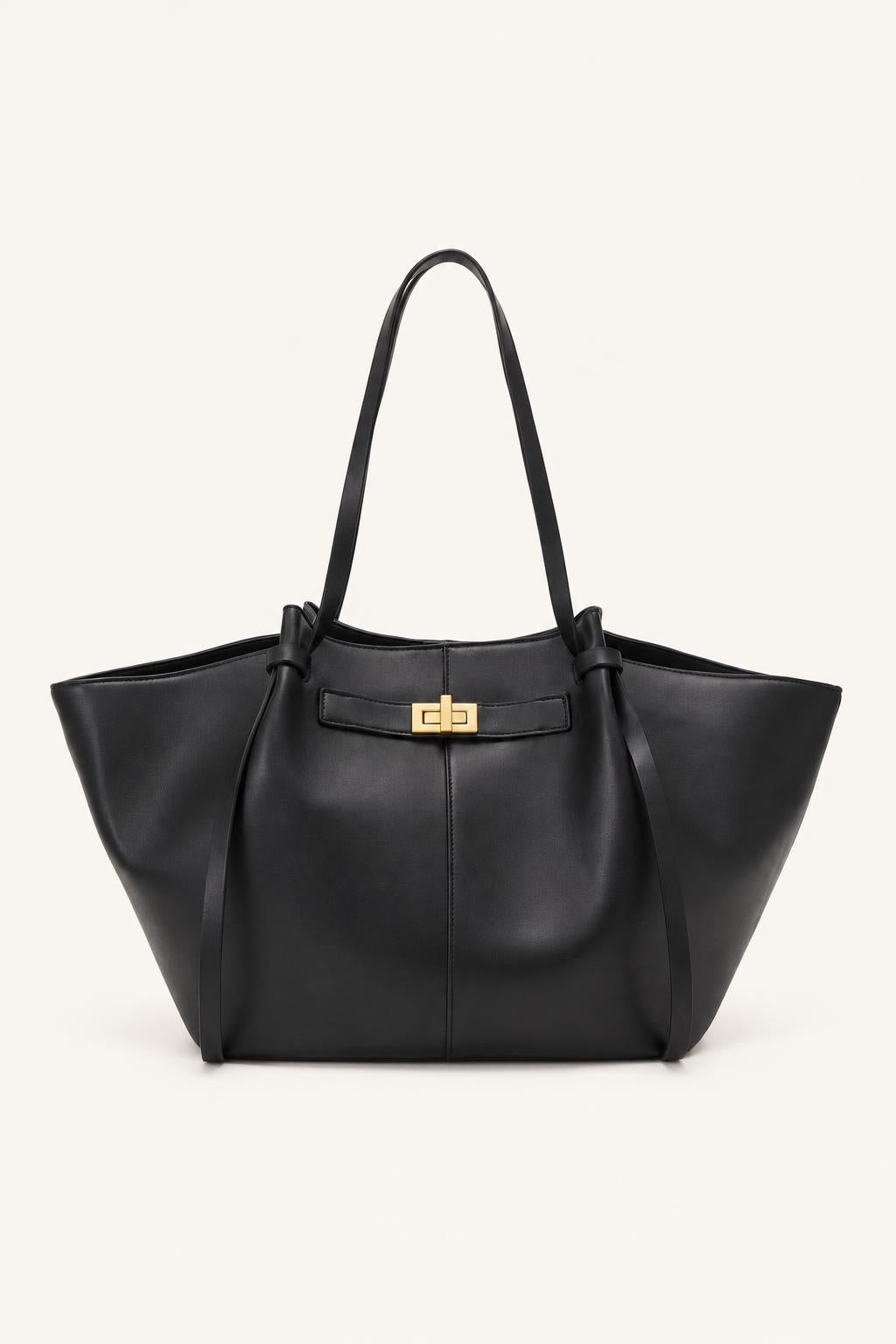 Women's Soft PU Winged Tote Bag with Gold-Tone Clasp — Black