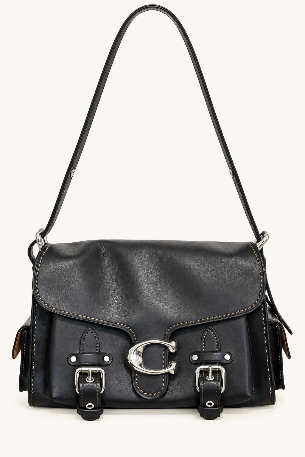 Textured Flap Shoulder Bag with Buckle Hardware — Motorcycle Bag Black
