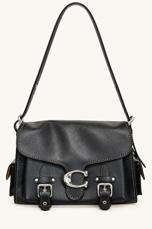 Textured Flap Shoulder Bag with Buckle Hardware — Motorcycle Bag Black