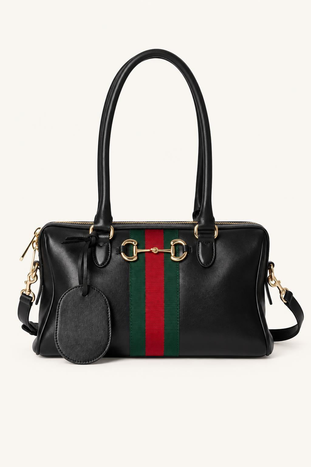 Structured Stripe Tote & Satchel Bag — Black — Style 4 Small