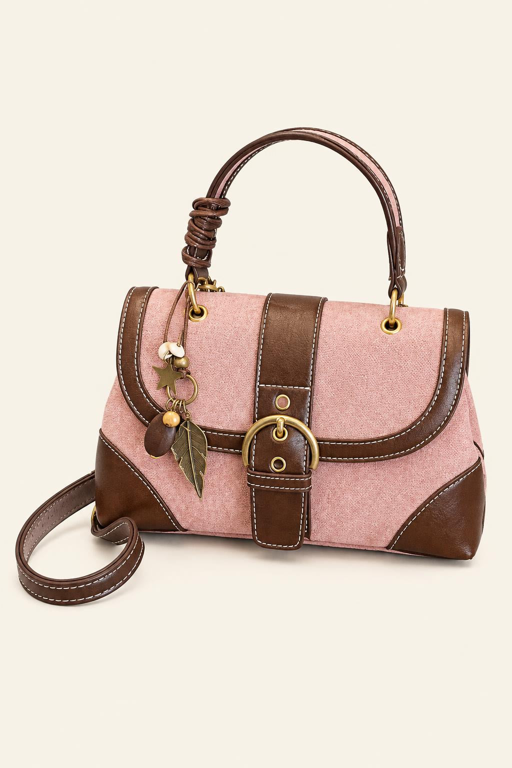 Color-Block Buckle Flap Satchel Bag — Fuchsia With a pendant