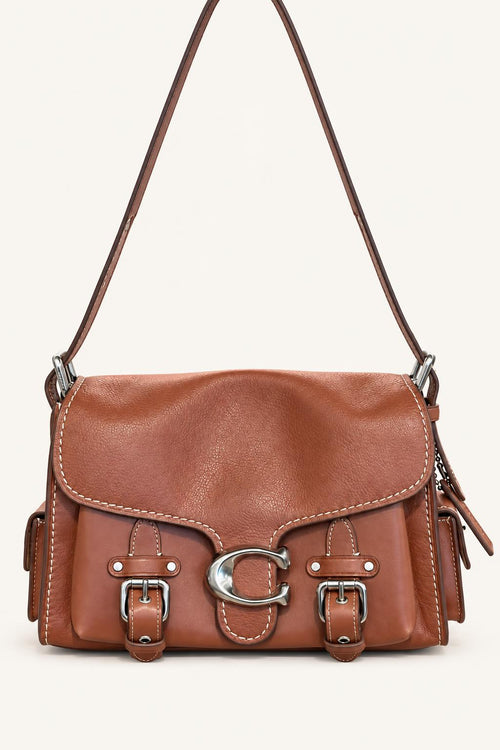 Textured Flap Shoulder Bag with Buckle Hardware — Motorcycle Bag Orange