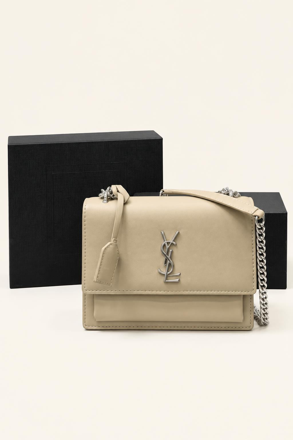 Structured Chain-Strap Shoulder Bag — Collection 1 — Beige / Silver Hardware