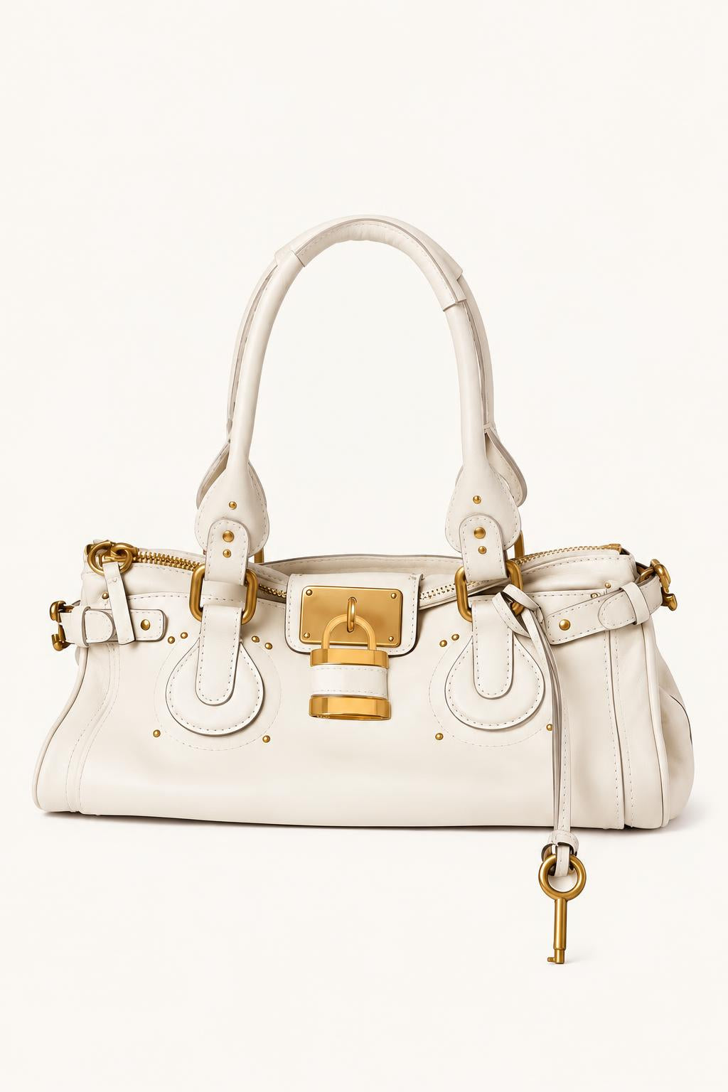 Retro Lock-Accent PU Shoulder Satchel — White L