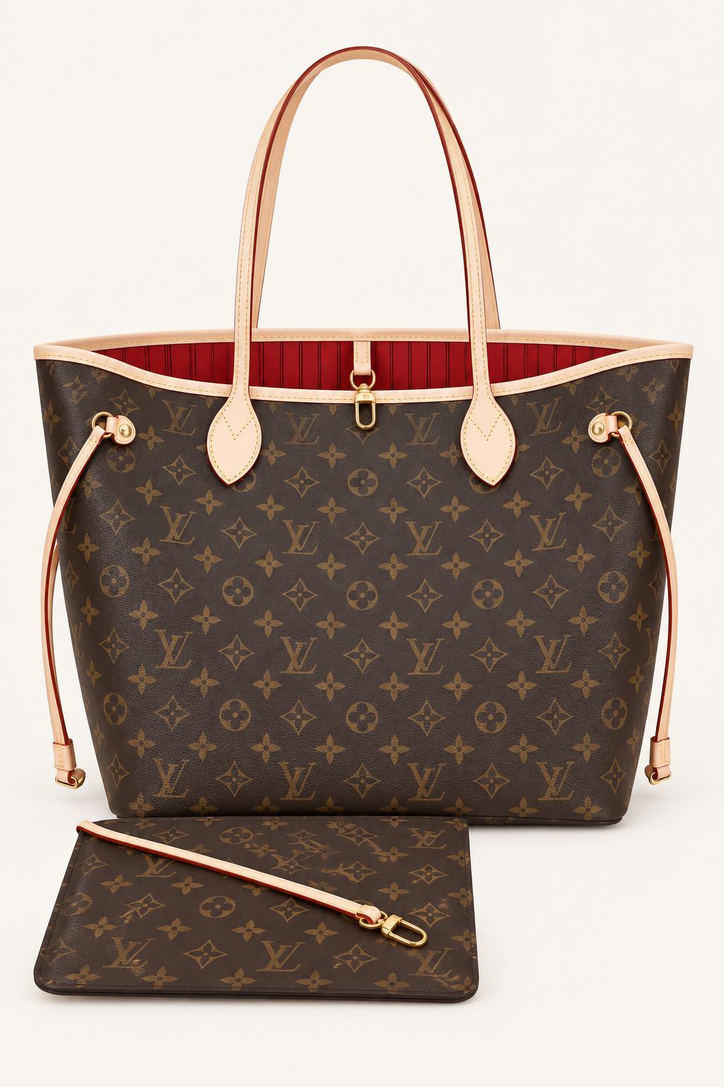 Open Tote Bags — Brown Monogram with Red Interior