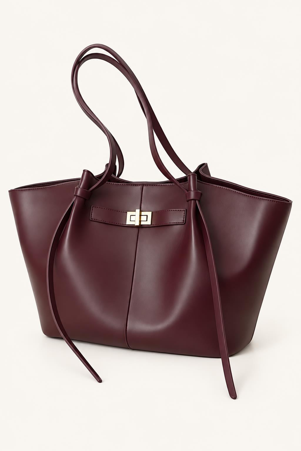 Women's Soft PU Winged Tote Bag with Gold-Tone Clasp — Burgundy