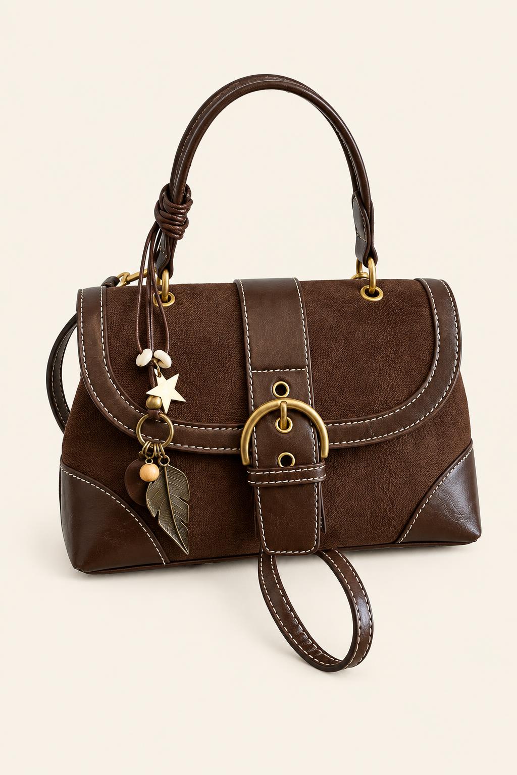 Color-Block Buckle Flap Satchel Bag — Coffee color With a pendant