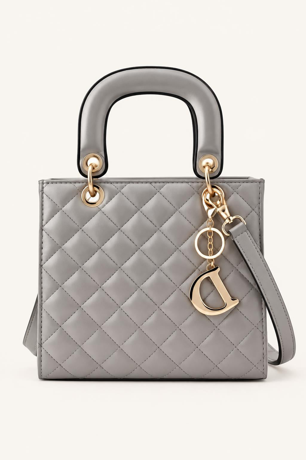 Quilted Faux Leather Top Handle Crossbody Bag — Silver