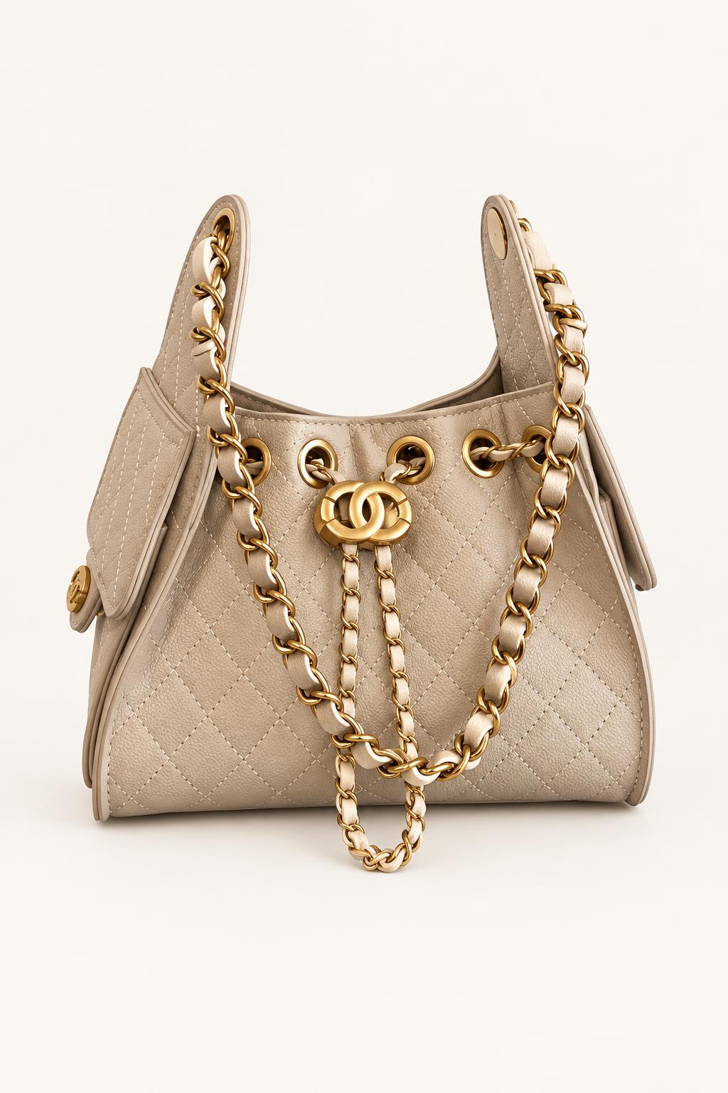 Quilted Chain-Handle Shoulder Bag — Light Gray - Small