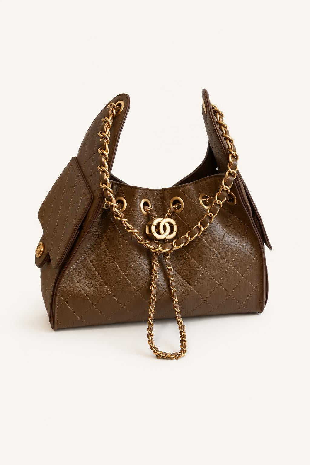 Quilted Chain-Handle Shoulder Bag — Brown - Small