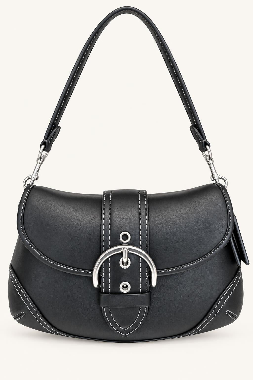 Buckle Flap Shoulder Bag — Leather Black
