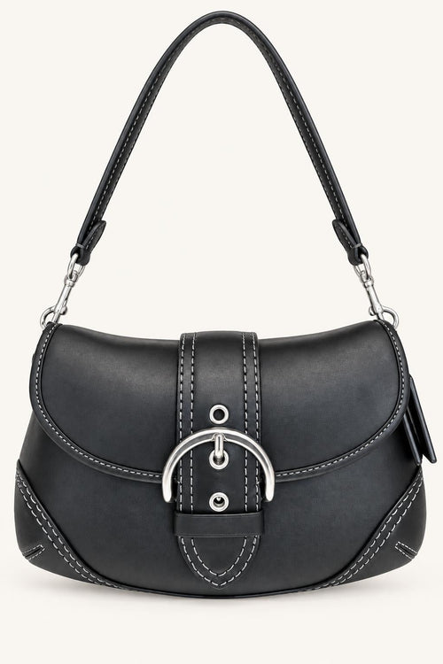 Buckle Flap Shoulder Bag — Leather Black