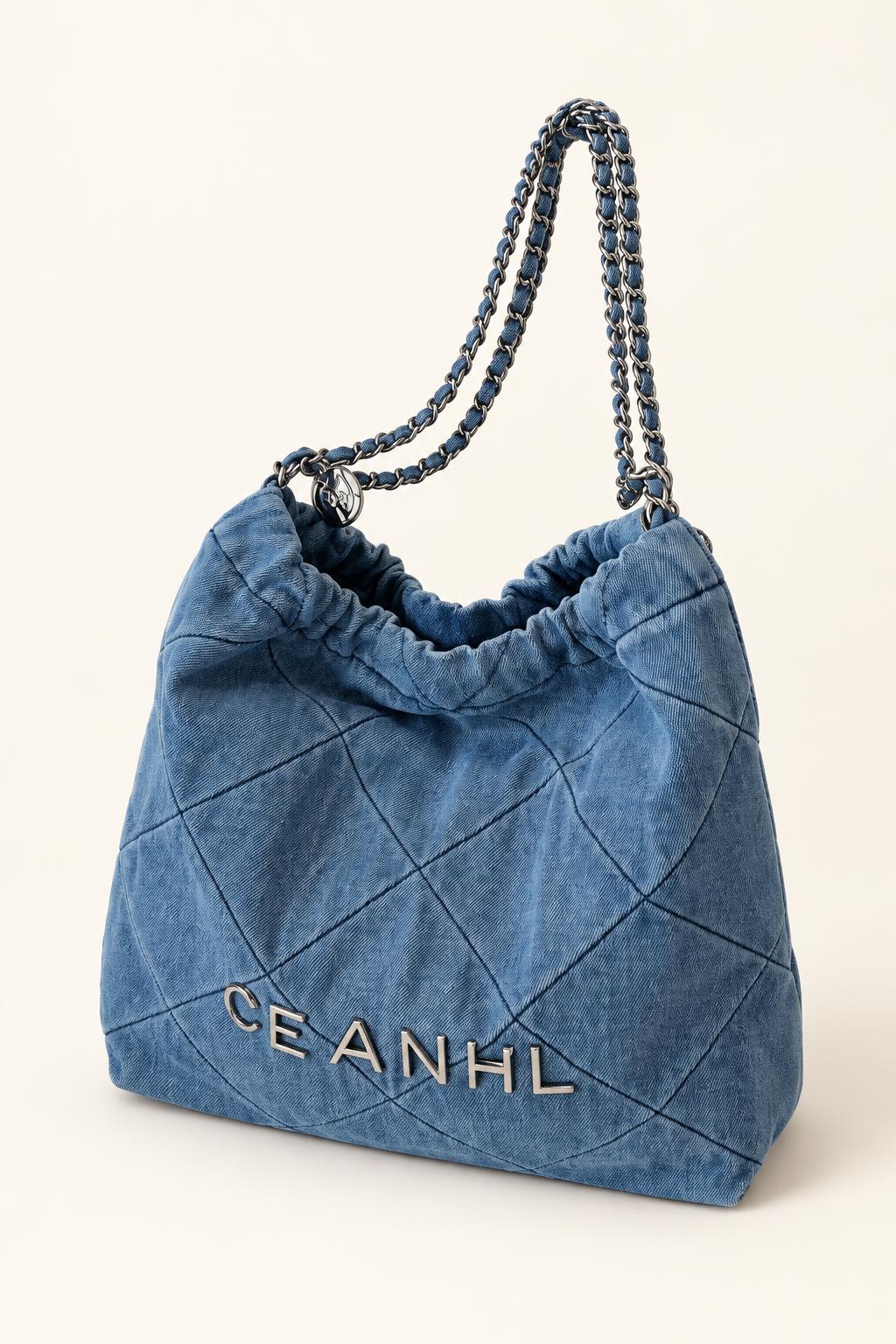 Quilted Denim-Style Bucket Shoulder Bag — Blue