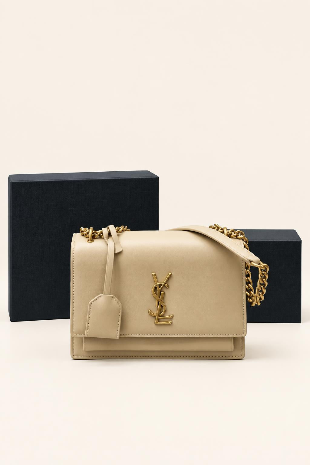 Structured Chain-Strap Shoulder Bag — Collection 1 — Beige / Gold Hardware — Style 6