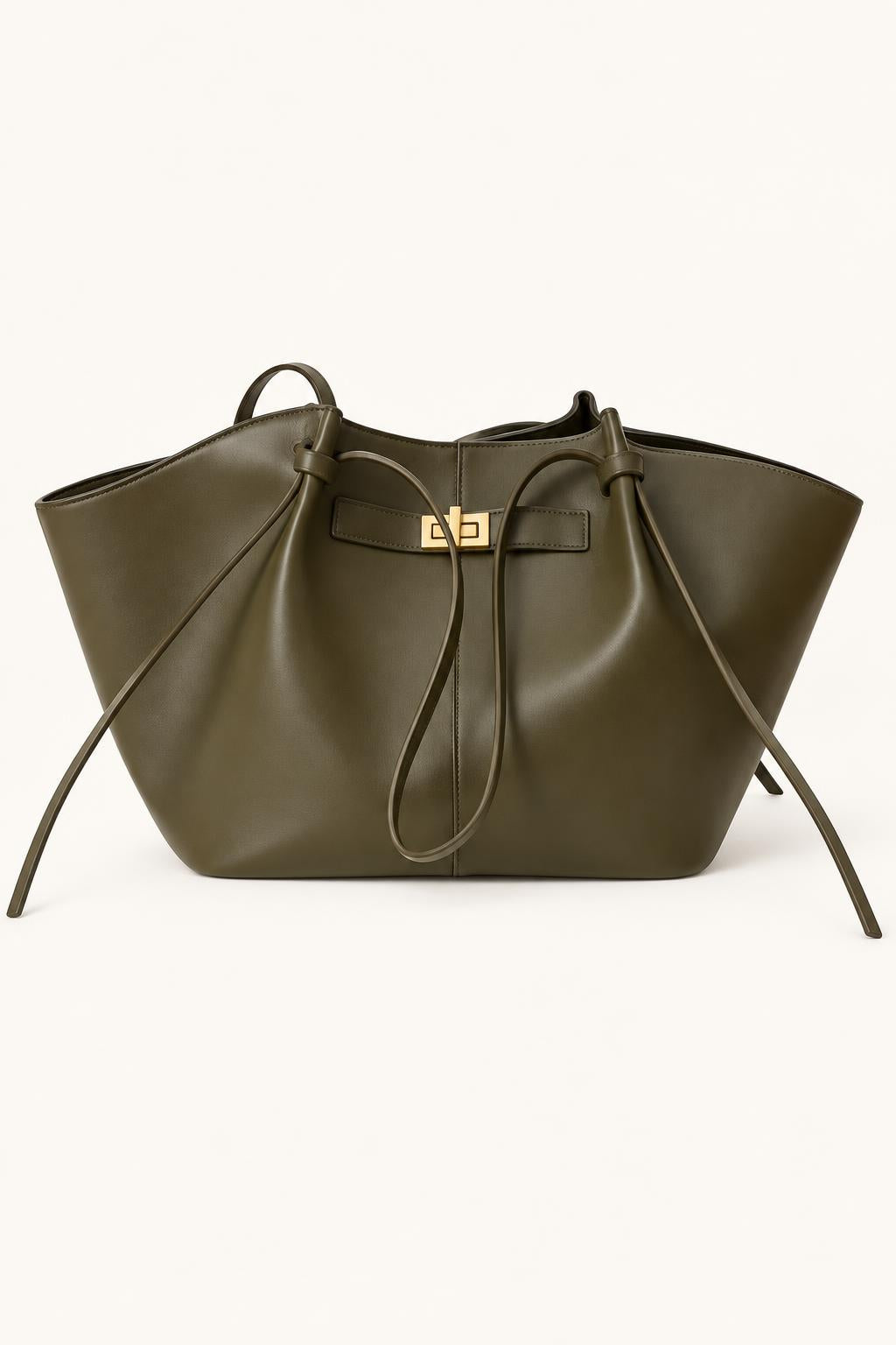 Women's Soft PU Winged Tote Bag with Gold-Tone Clasp — Olive Green