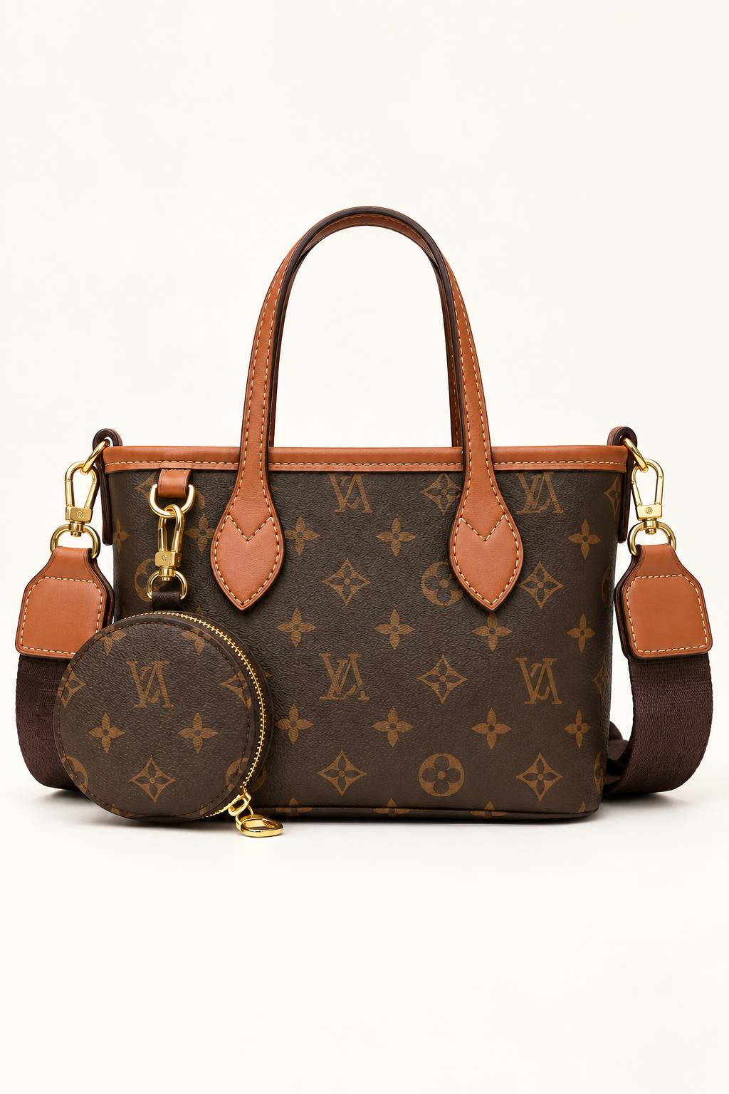 Monogram Print Top-Handle Tote with Coin Pouch — Brown/Tan