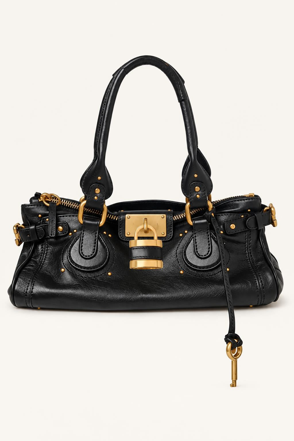 Retro Lock-Accent PU Shoulder Satchel — Black L