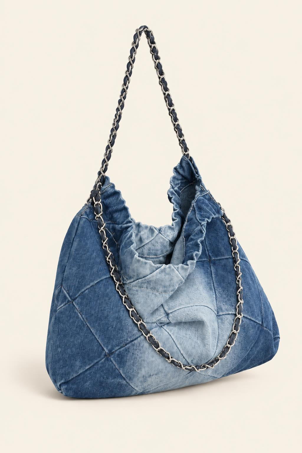 Washed Denim Quilted Chain Shoulder Bag — Light Blue
