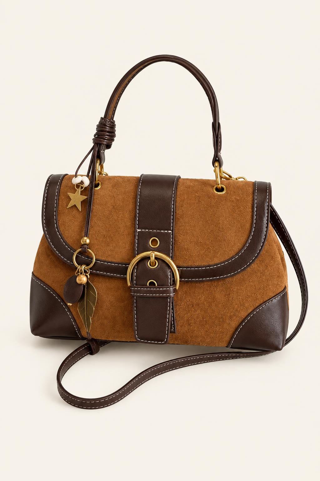 Color-Block Buckle Flap Satchel Bag — Brown With a pendant