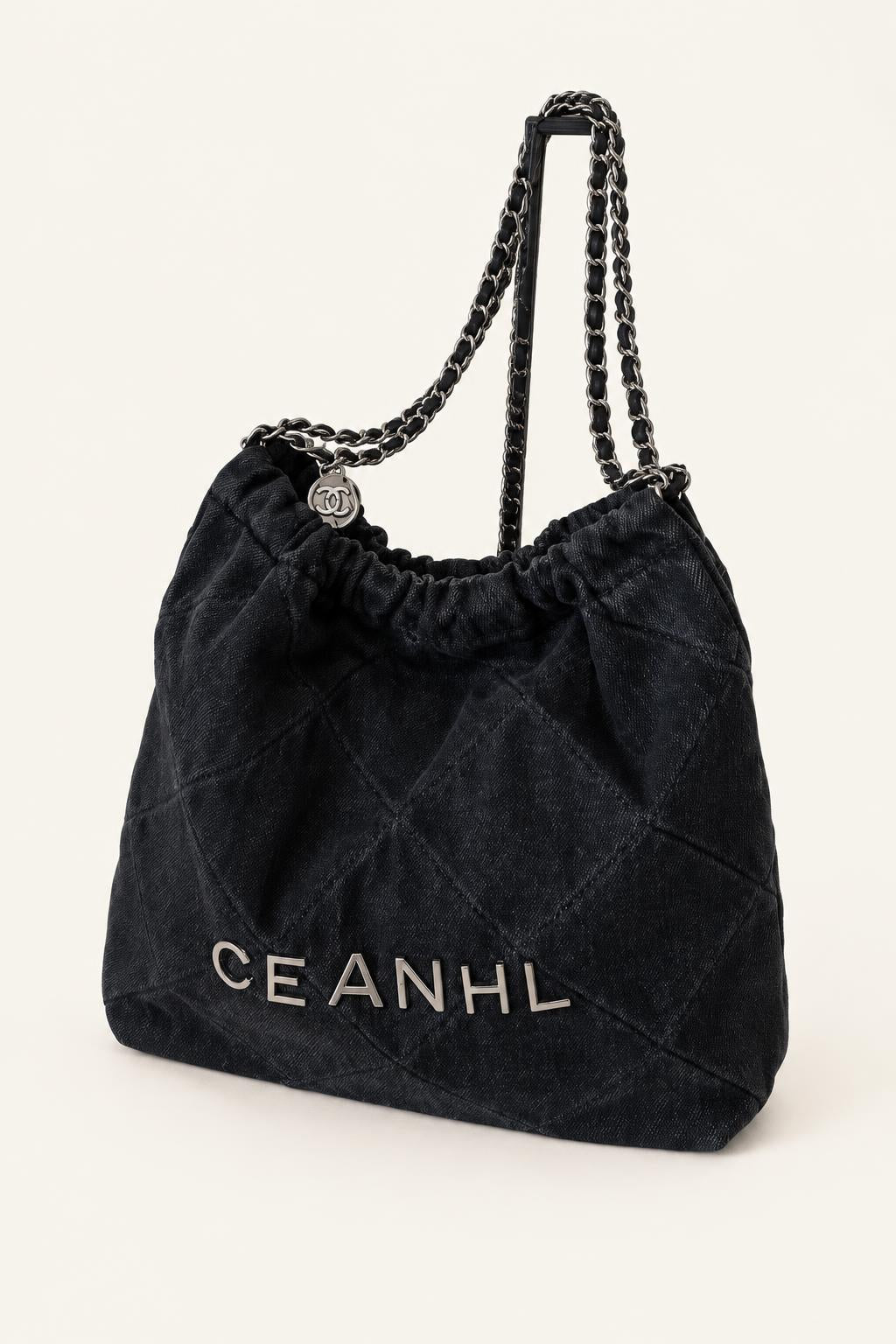 Quilted Denim-Style Bucket Shoulder Bag — Black