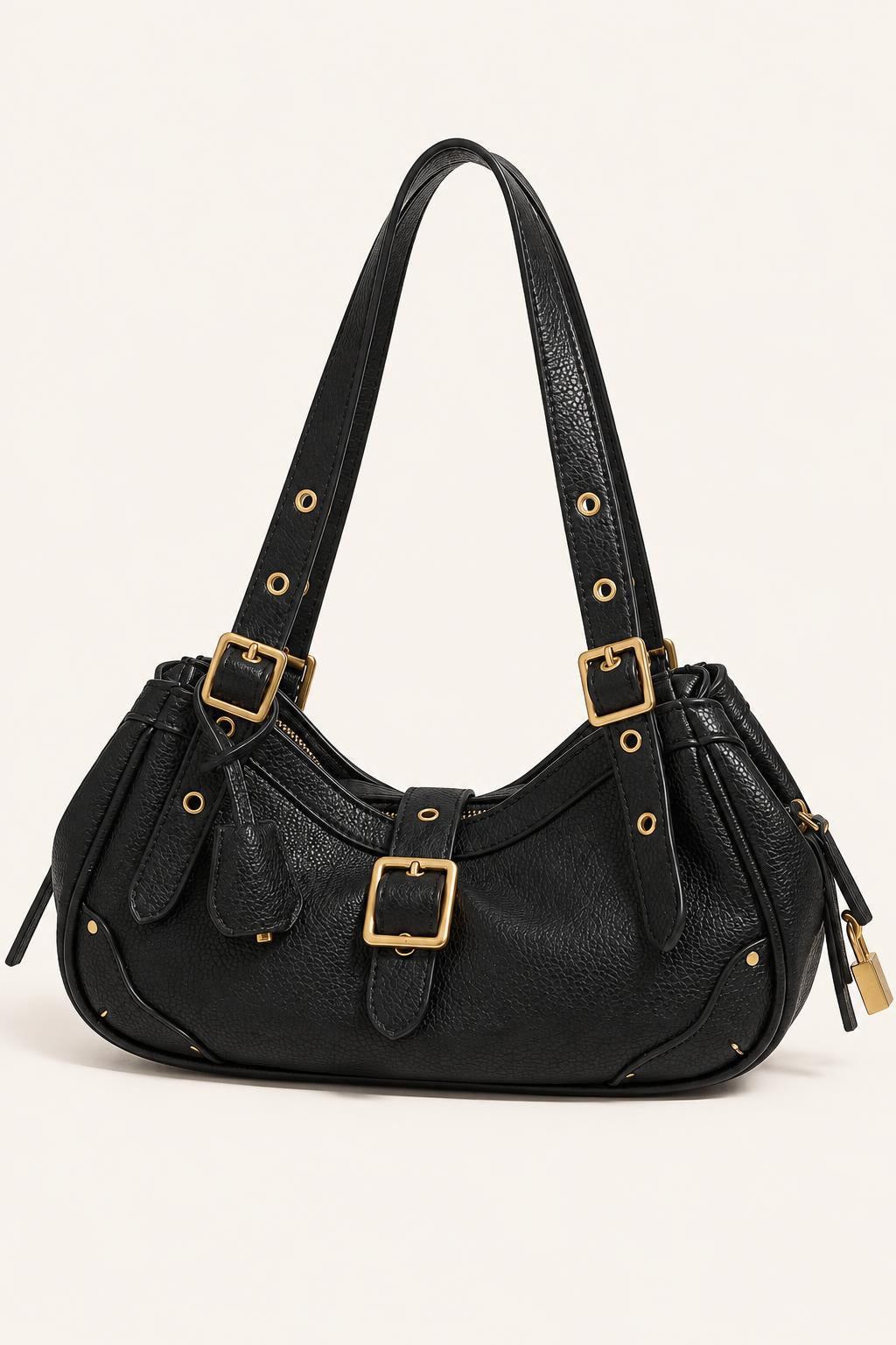 Buckle-Detail Slouchy Shoulder Bag — Black