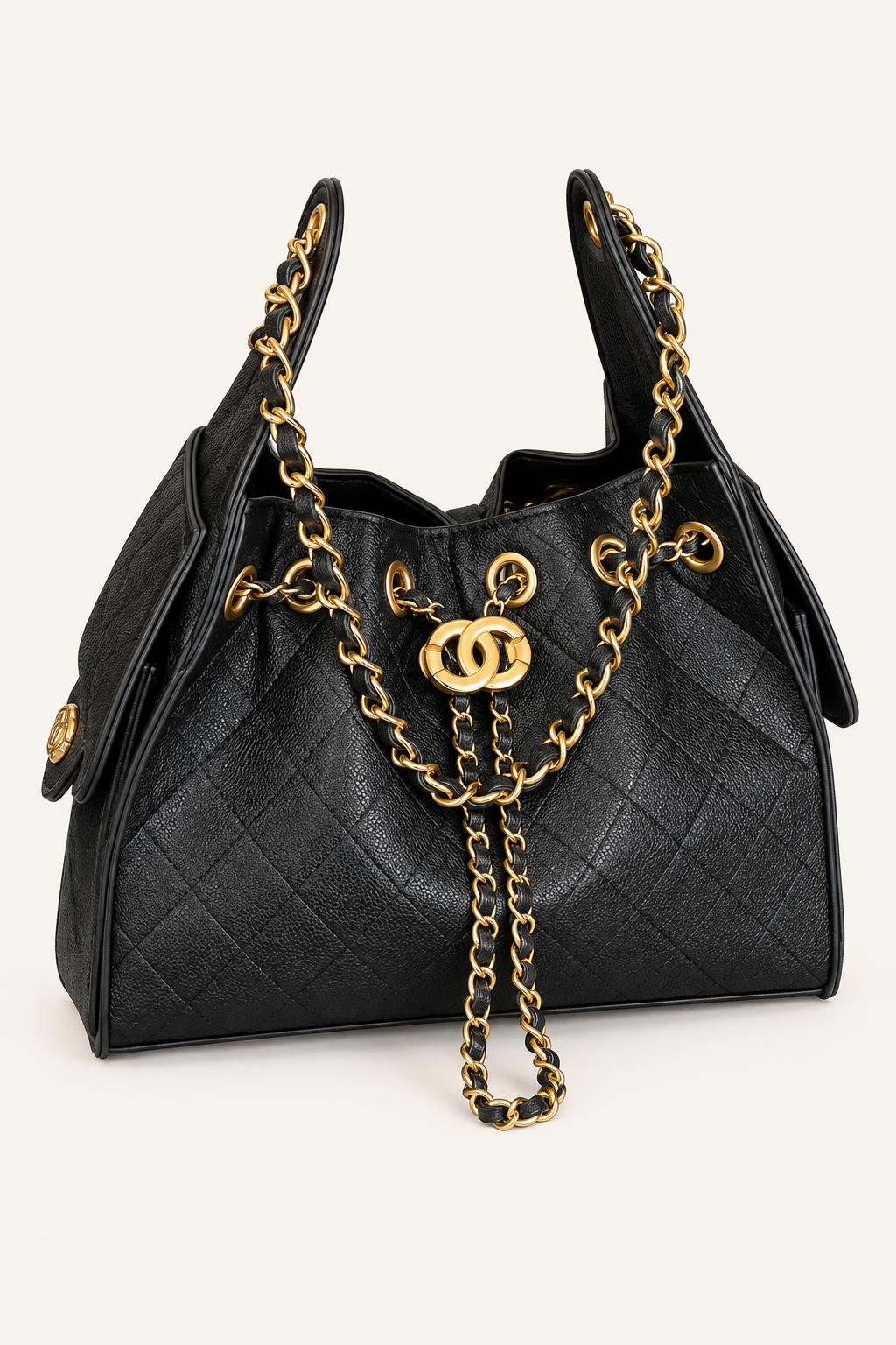 Quilted Chain-Handle Shoulder Bag — Black - Large