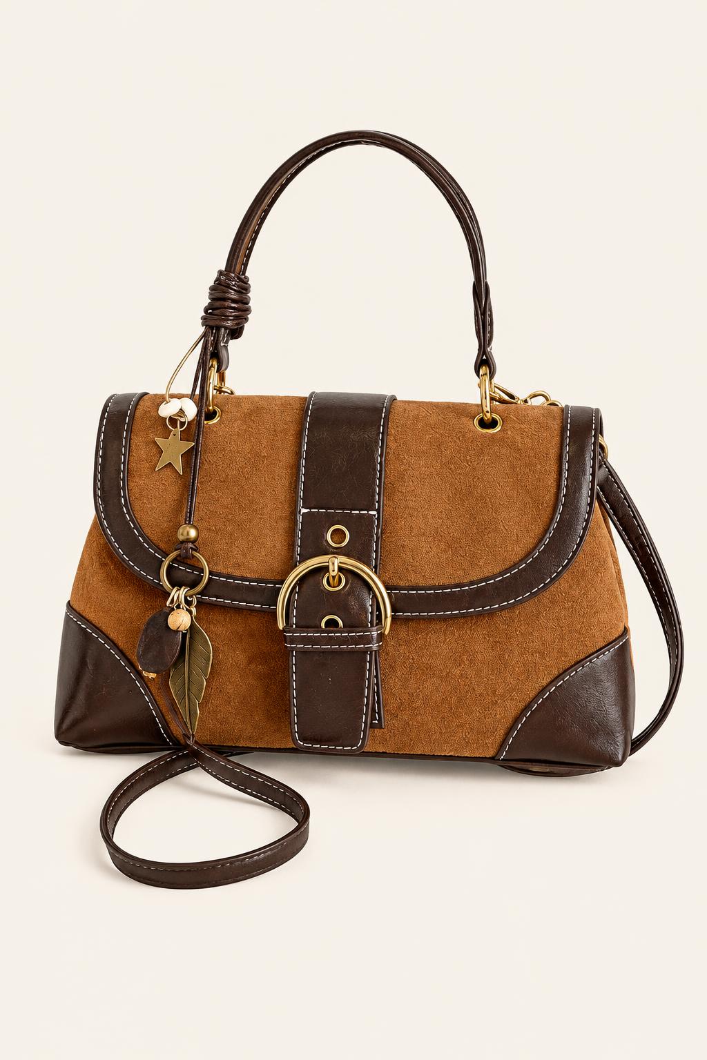 Color-Block Buckle Flap Satchel Bag — Brown No pendant