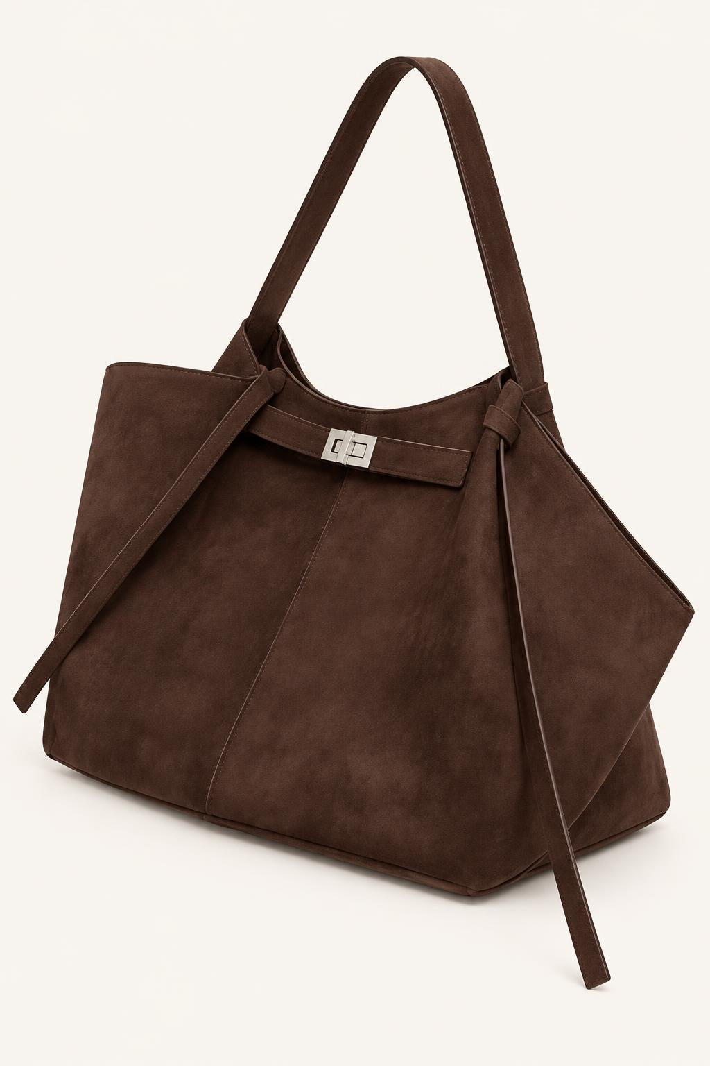 Women's Soft PU Winged Tote Bag with Gold-Tone Clasp — Textured Coffee Brown