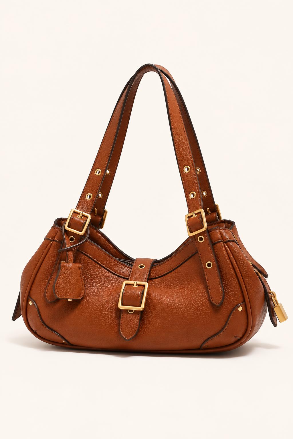 Buckle-Detail Slouchy Shoulder Bag — Apricot
