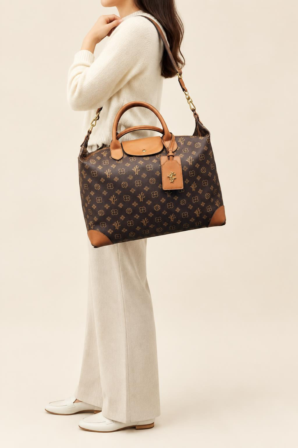 Structured Patterned Tote Bag with Adjustable Strap — carrying view