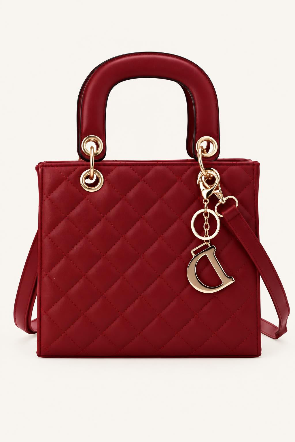 Quilted Faux Leather Top Handle Crossbody Bag — Red