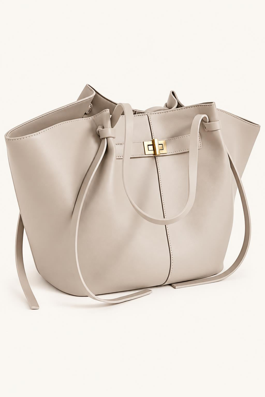 Women's Soft PU Winged Tote Bag with Gold-Tone Clasp — Cream