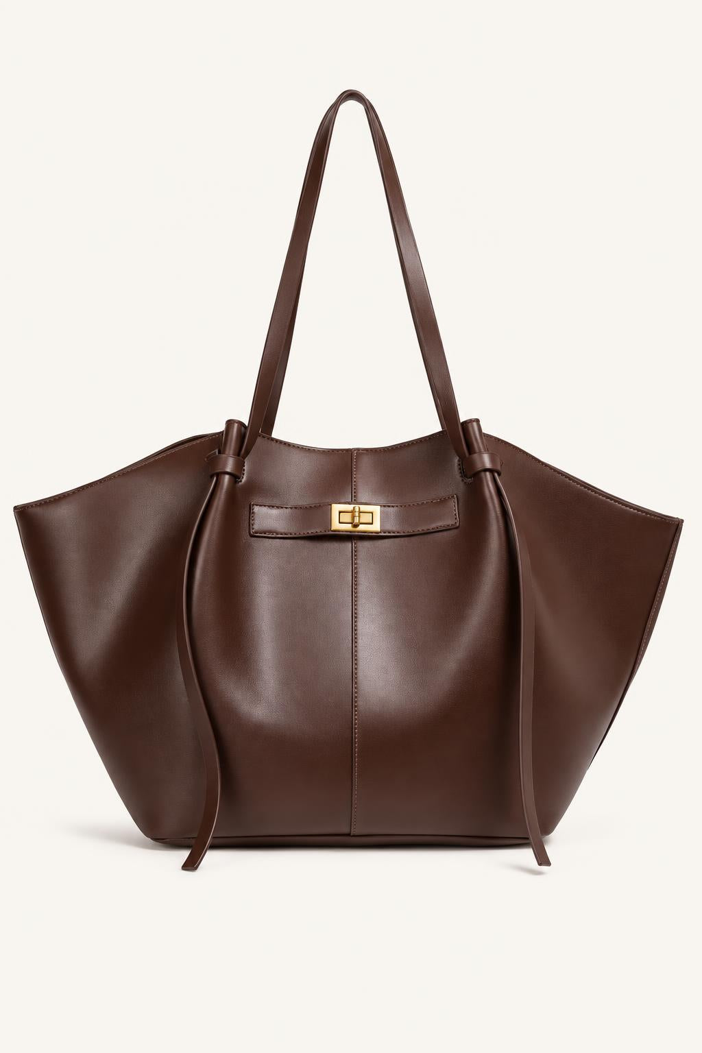 Women's Soft PU Winged Tote Bag with Gold-Tone Clasp — Espresso Brown