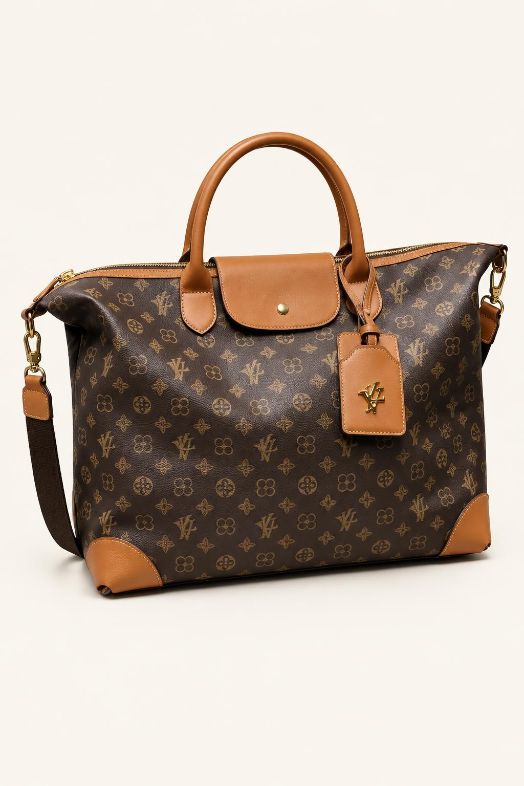 Structured Patterned Tote Bag with Adjustable Strap — Brown