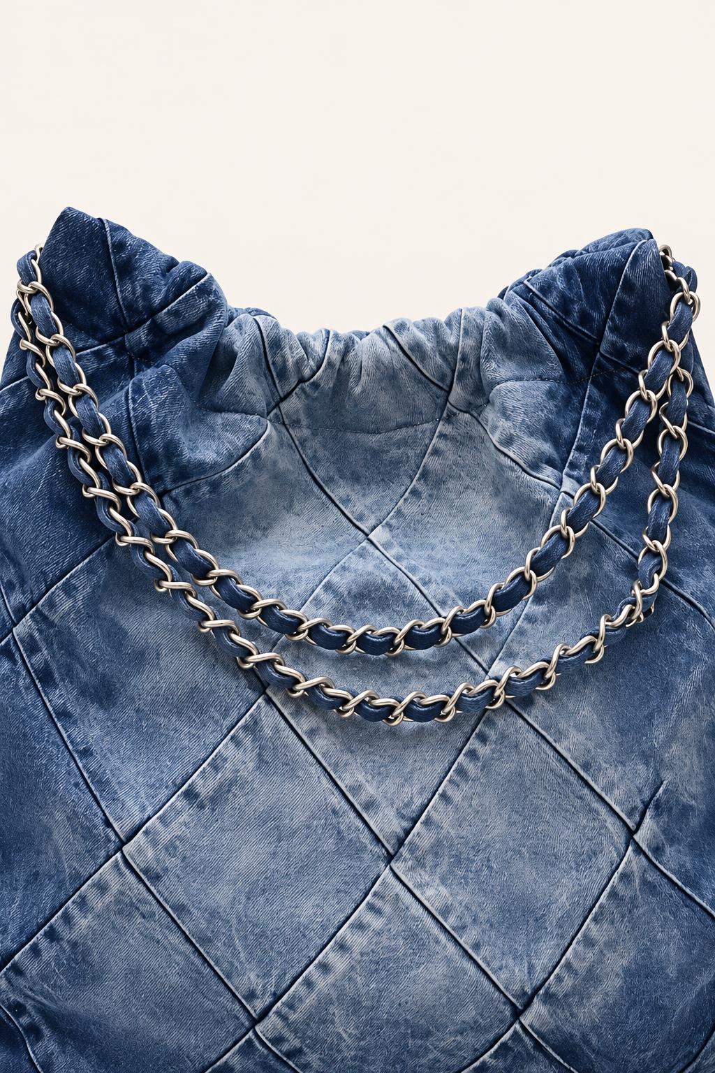 Washed Denim Quilted Chain Shoulder Bag — carrying view